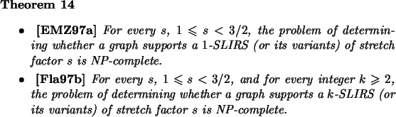 \begin{theorem}
\mbox{}
\beginsmall{itemize}
\item~{\bf\cite{EMZ97a}}
For every...
...riants) of stretch factor $s$\ is
NP-complete. \endsmall{itemize}
\end{theorem}