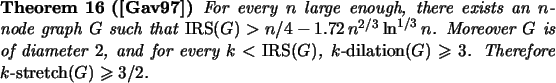 \begin{theorem}[\cite{Gav97}]
For every $n$\ large enough, there exists an $n$-...
...on}(G) \geqs 3$.
Therefore $k$-$\mbox{\rm stretch}(G) \geqs 3/2$.
\end{theorem}