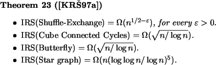 \begin{theorem}[\cite{KRS97}]
\mbox{}
\beginsmall{itemize}
\item $\mbox{\rm IRS}...
...ar graph}) = \Omega(n(\log\log{n}/\log{n})^5)$.
\endsmall{itemize}
\end{theorem}