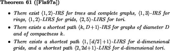 \begin{theorem}[\cite{Flammini97}]\mbox{}
\beginsmall{itemize}
\item There exist...
...ge{2,2d\!+\!1}$-LIRS for
$d$-dimensional tori. \endsmall{itemize}
\end{theorem}