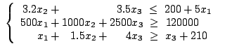 \begin{displaymath}\left\lbrace
\begin{array}{l}
3.2x_2+3.5x_3~\le ~200+5x_1 \\...
...e ~120000 \\
x_1+1.5x_2+4x_3~\ge ~x_3+210
\end{array}\right. \end{displaymath}