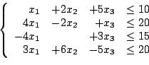 \begin{displaymath}\left\lbrace
\begin{array}{rrrl}
x_1&+2x_2&+5x_3&\le 10\\ 
...
...&+3x_3&\le 15\\
3x_1&+6x_2&-5x_3&\le 20
\end{array}
\right.\end{displaymath}