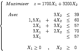 \begin{displaymath}
\left\{
\begin{array}{l}
Maximiser \quad z = 1700 X_1 + 3200...
...1 \geq 0 &, & X_2 & \geq & 0 \\
\end{array}\end{array}\right.
\end{displaymath}