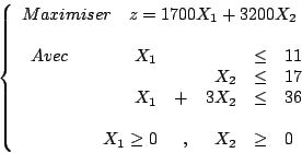 \begin{displaymath}
\left\{
\begin{array}{l}
Maximiser \quad z = 1700 X_1 + 3200...
...\geq 0 &, & X_2 & \geq & 0
\par
\end{array}\end{array}\right.
\end{displaymath}