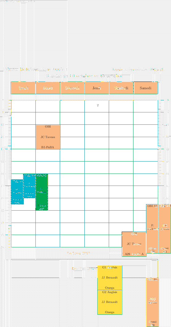 \begin{emploidutemps}{10 octobre}{15 octobre}{Etat Provisoire ! }\par
\lundi[2](...
...(\Apricot ){14}{4}{OBI A1}{JCC Taveau}{Cremi 009}{1}{2}
\par
\end{emploidutemps}